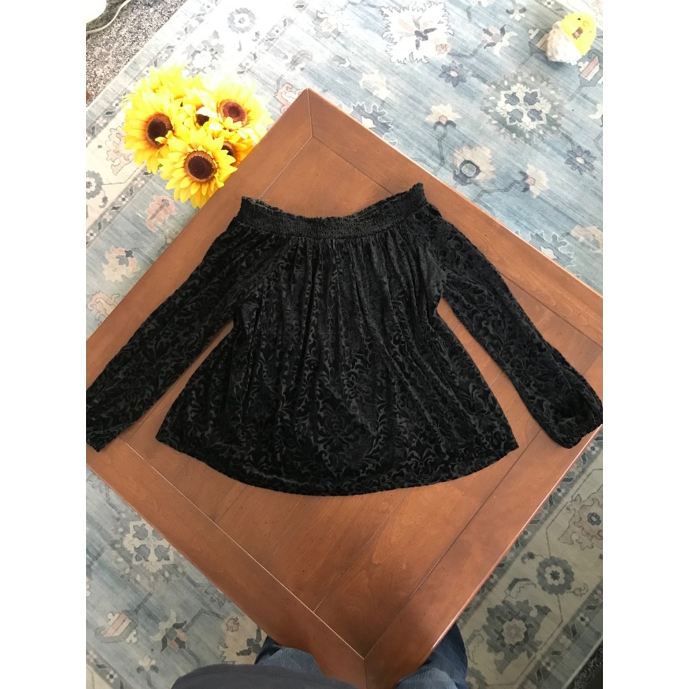 Loft Women's Sheer Black Velvet Off The Shoulder Shirt Top Sz Large